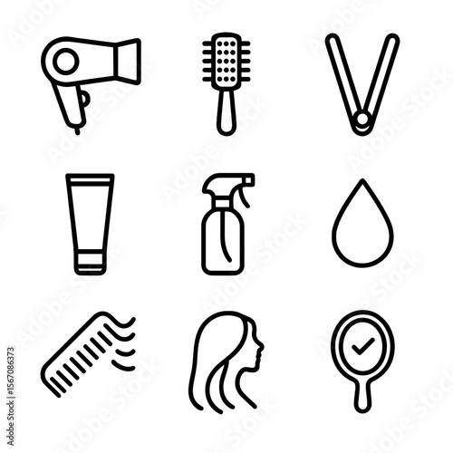 Hair Styling Icons. Outline icon set of styling and finishing after trimming: hairdryer, round brush, flat iron, styling product
