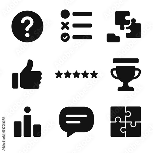 Interactive Learning Icons. Solid, filled icon set of interactive learning elements: quiz question mark, multiple choice, drag and