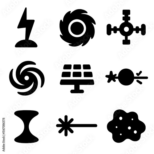 Intergalactic Power Icons. Solid, filled icon set of intergalactic power sources: cosmic ray, black hole, space station, galaxy,