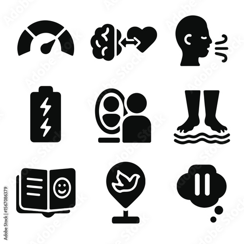 Emotional Self-Regulation Icons. Solid, filled icons set of emotional self-regulation: calm meter, brain-heart
