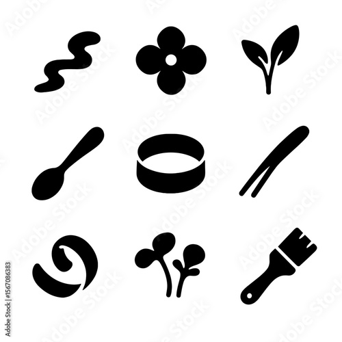 Gourmet Plating Icons. Solid, filled icon set of gourmet plating and presentation: sauce drizzle, edible flower, garnish, plating