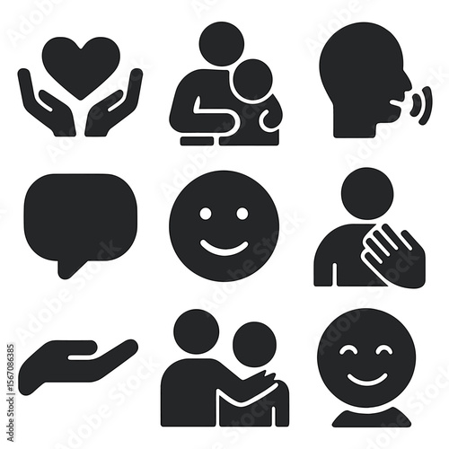 Emotional Support Icons. Solid, filled icons set of emotional support conversations: shared heart, comfort