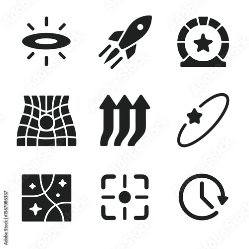 Intergalactic Travel Icons. Solid, filled icon set of intergalactic travel concepts: warp drive, spaceship trail, stargate portal,