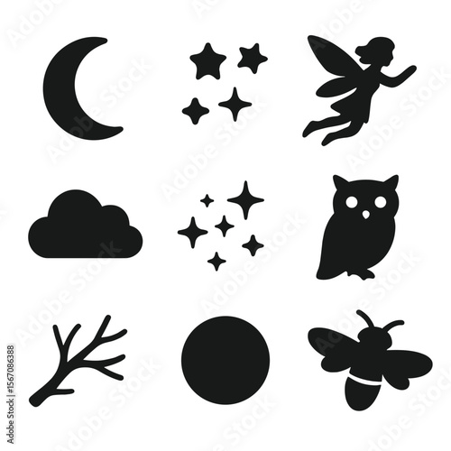 Moonlit Fairy Icon Set. Solid, filled icon set of moonlit fairy flight: crescent moon, star cluster, flying fairy, night cloud,