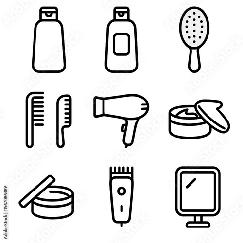 Haircare Icons Set. Outline icon set of haircare and styling: shampoo bottle, conditioner bottle, hairbrush, comb, blow dryer,