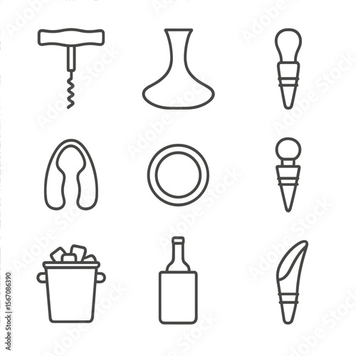 Wine Tool Icons. Outline icon set of wine service tools: corkscrew, decanter, aerator, foil cutter, drip ring, bottle stopper, ice