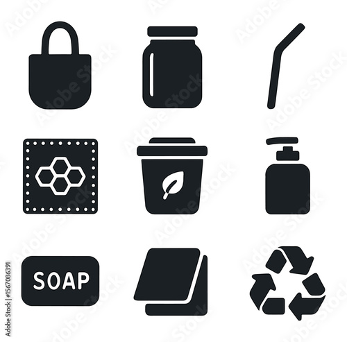 Zero Waste Icons. Solid, filled icons set of zero waste lifestyle: fabric bag, glass jar, metal straw, beeswax