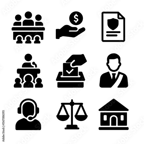 Governance Icon Set. Solid, filled icon set of Provincial governance: council meeting, budget allocation, policy document, public