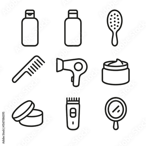 Haircare Icons Set. Outline icon set of haircare and styling: shampoo bottle, conditioner bottle, hairbrush, comb, blow dryer,