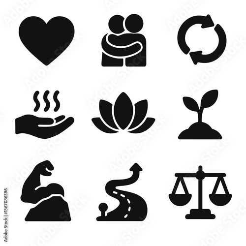 Emotional Support Icons. Solid, filled icons set of emotional support and healing: heart icon, hug silhouette,