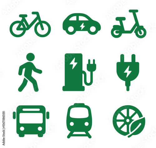 Green Transport Icons. Solid, filled icons set of green transportation: bicycle, electric car, scooter,