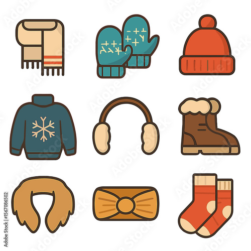 Winter Fashion Icons. Flat icon set of winter fashion accents: wool scarf, knitted mittens, pompom beanie, flake sweater, earmuffs