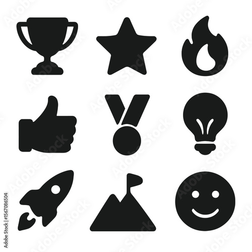 Motivation Icons Grid. Solid, filled icon set of motivation and inspiration: trophy, star, flame, thumbs up, medal, lightbulb,