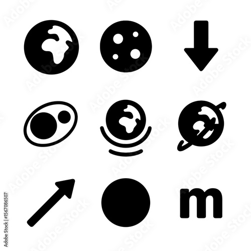Gravity Icon Set. Solid, filled icon set of gravitational forces: Earth, Moon, gravity pull arrow, orbit lines, tide bulge, axis