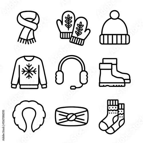 Winter Fashion Icons. Outline icon set of winter fashion accents: wool scarf, knitted mittens, pompom beanie, flake sweater,