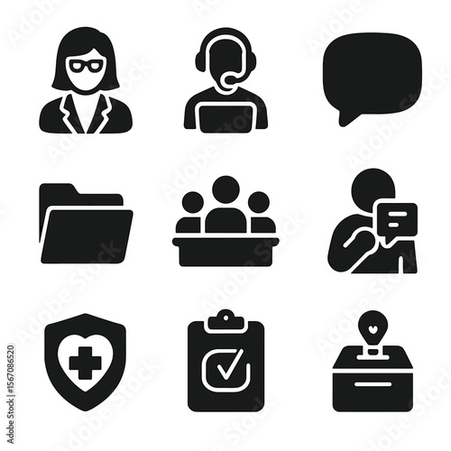 Employee Support Icons. Solid, filled icons set of employee support systems: counselor avatar, help desk, chat