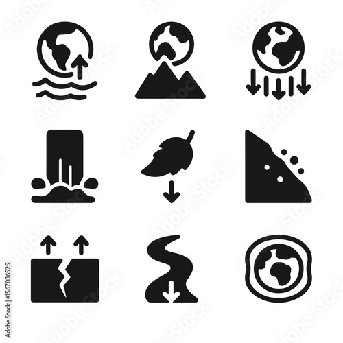 Gravity Effects Icons. Solid, filled icon set of Earth gravity effects: ocean tides, mountain pull, atmospheric pressure,