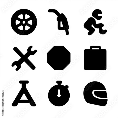 Motorsport Pit Stop Icons. Solid, filled icon set of pit stop in motorsport: racing tire, fuel hose, pit crew, wrench icon, stop