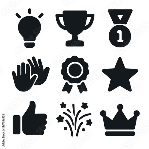 Motivation Icon Set. Solid, filled icon set of motivation and reward: lightbulb, trophy, medal, high five, ribbon, star, thumbs up