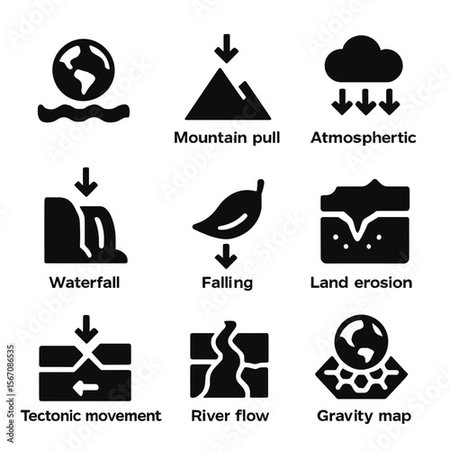 Gravity Effects Icons. Solid, filled icon set of Earth gravity effects: ocean tides, mountain pull, atmospheric pressure,