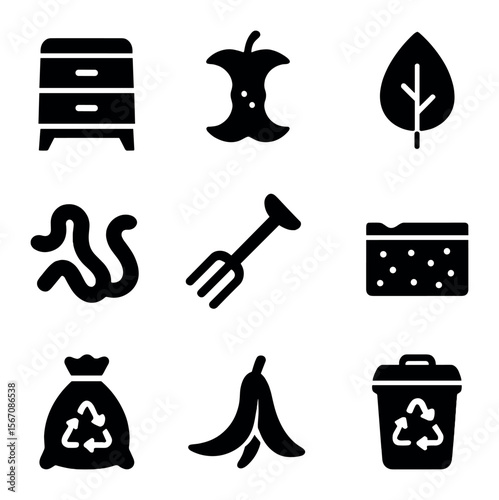 Composting Tools Icons. Solid, filled icons set of composting tools: compost bin, food scrap, leaf, worm,