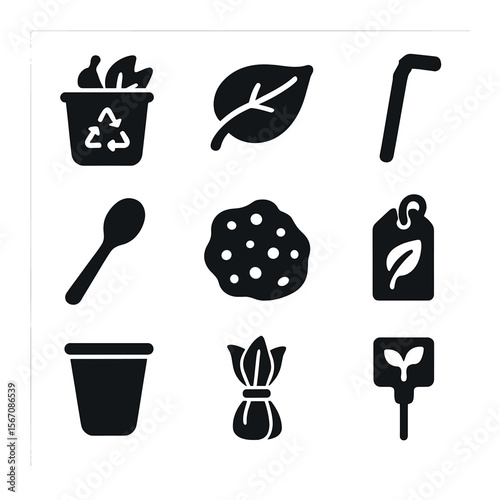 Biodegradable Products Icons. Solid, filled icons set of biodegradable products: compost icon, leaf plate,
