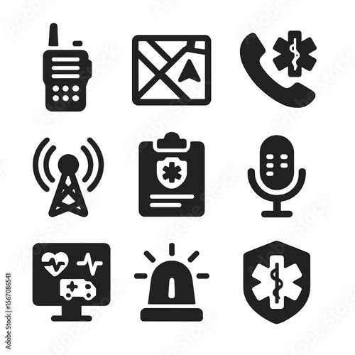 EMS Communication Icons. Solid, filled icons set of EMS communication and coordination: dispatch radio, GPS