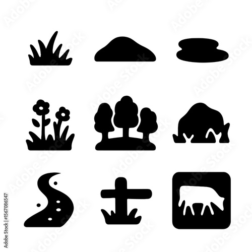 Grazing Landscape Icons. Solid, filled icon set of grazing landscape elements: grassy field, low hill, small pond, wildflowers,