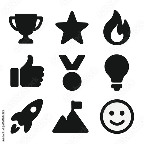 Motivation Icons Grid. Solid, filled icon set of motivation and inspiration: trophy, star, flame, thumbs up, medal, lightbulb,