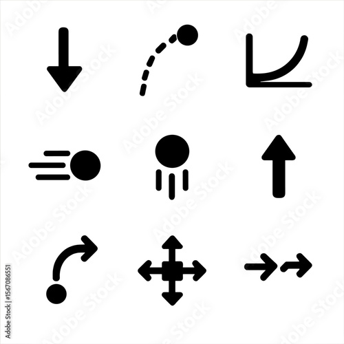 Gravity Motion Icons. Solid, filled icon set of gravity and motion: acceleration vector, trajectory arc, motion curve, speed lines