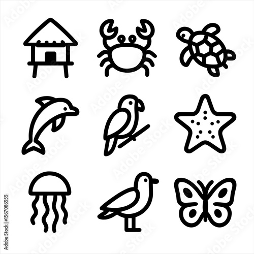 Island Wildlife Icons. Solid, filled icon set of island hut wildlife: crab, turtle, dolphin, parrot, starfish, jellyfish, seagull,