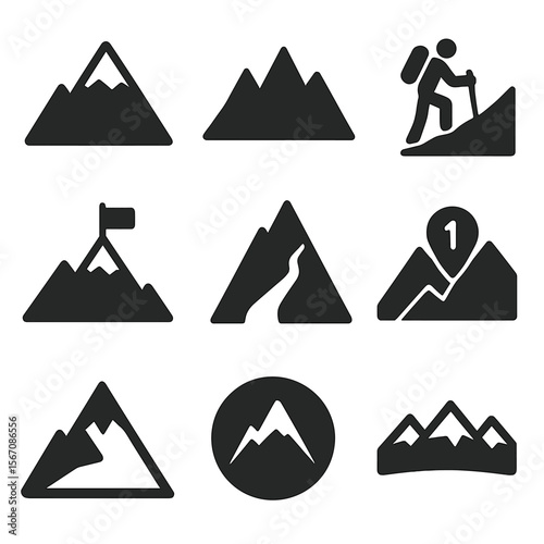 Mountain Icon Set. Solid, filled icon set of mountain peak: snow-capped summit, jagged ridge, mountaineer silhouette, summit flag,