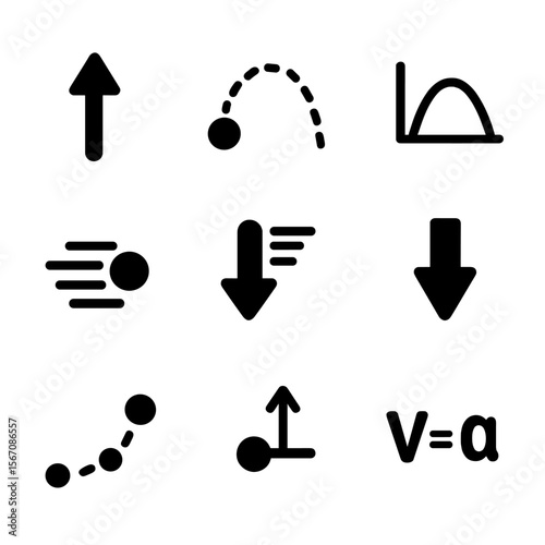 Gravity Motion Icons. Solid, filled icon set of gravity and motion: acceleration vector, trajectory arc, motion curve, speed lines