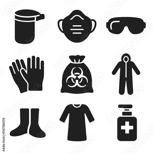 EMS Protective Gear Icons. Solid, filled icons set of EMS protective equipment: face shield, N95 mask, safety