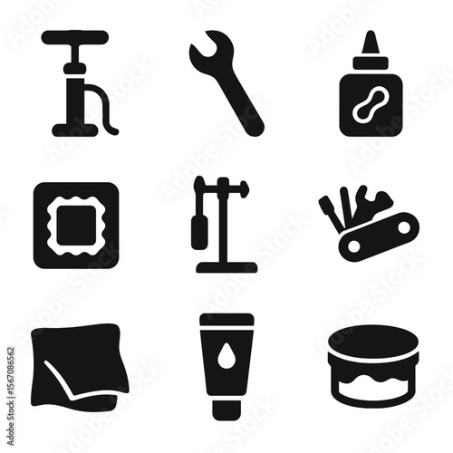 Mountain Biking Tools. Solid, filled icon set of mountain biking maintenance tools: bike pump, wrench, tire patch, chain lubricant