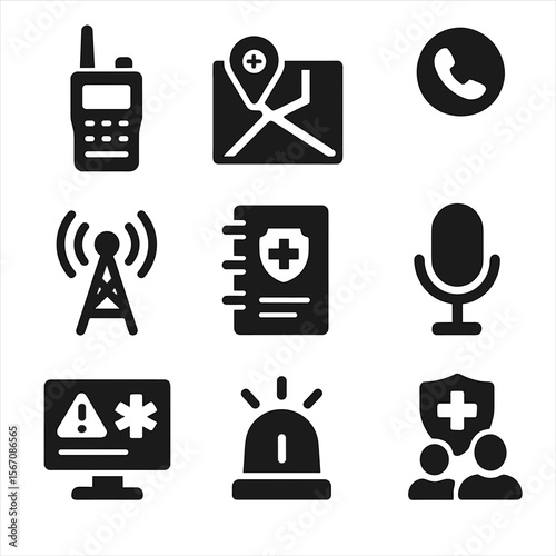 EMS Communication Icons. Solid, filled icons set of EMS communication and coordination: dispatch radio, GPS
