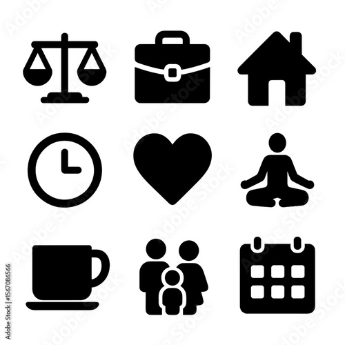 Work-Life Balance Icons. Solid, Filled icon set of work-life balance: scale, briefcase, house, clock, heart, yoga pose, coffee cup