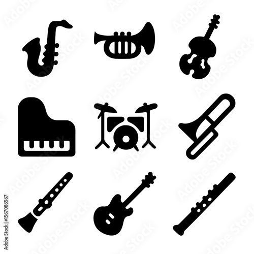 Jazz Instrument Icons. Solid, filled icon set of jazz performance instruments: saxophone, trumpet, double bass, piano, drum set,