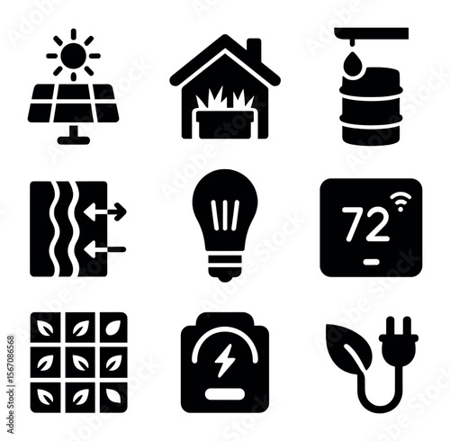Sustainable Home Icons. Solid, filled icons set of sustainable home: solar panel, green roof, rain barrel,