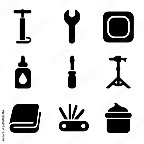 Mountain Biking Tools. Solid, filled icon set of mountain biking maintenance tools: bike pump, wrench, tire patch, chain lubricant