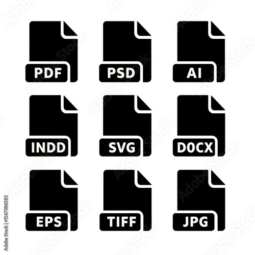 Icon Grid Display. Solid, filled icon set of print file formats: PDF, PSD, AI, INDD, SVG, DOCX, EPS, TIFF, JPG. Solid, filled