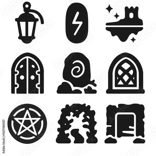 Enchanted City Icon Set. Solid, filled icons set of enchanted city details: lantern icon, magical rune,