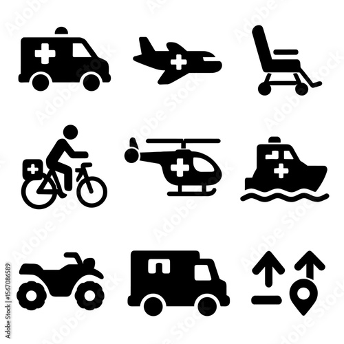 EMS Transport Icons. Solid, filled icons set of EMS transportation types: road ambulance, air ambulance,