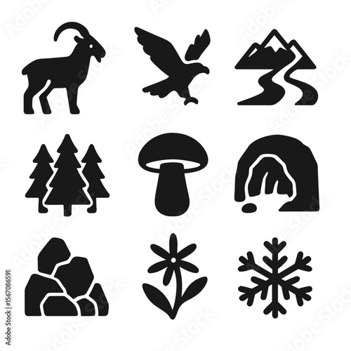 Mountain Ecosystem Icons. Solid, filled icon set of mountain ecosystem elements: mountain goat, eagle, alpine river, pine forest,