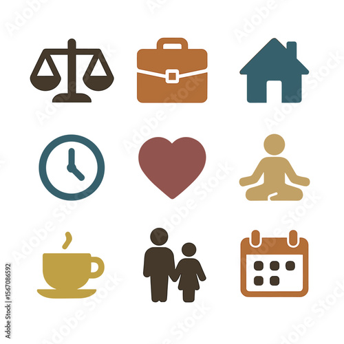 Work-Life Balance Icons. Flat icon set of work-life balance: scale, briefcase, house, clock, heart, yoga pose, coffee cup, family