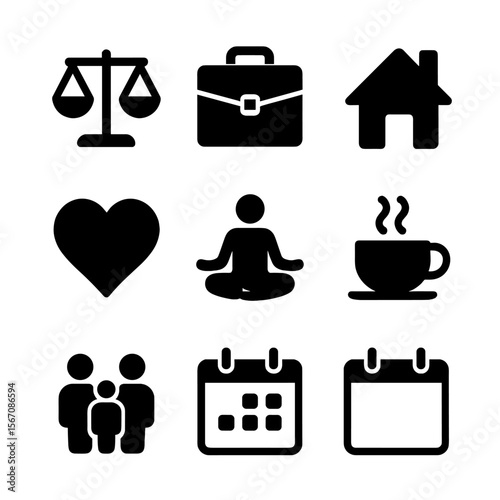 Work-Life Balance Icons. Solid, Filled icon set of work-life balance: scale, briefcase, house, clock, heart, yoga pose, coffee cup