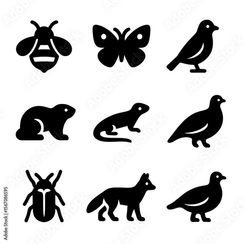 Mountain Fauna Icons. Solid, filled icon set of mountain fauna and pollinators: bumblebee, alpine butterfly, mountain bird, marmot