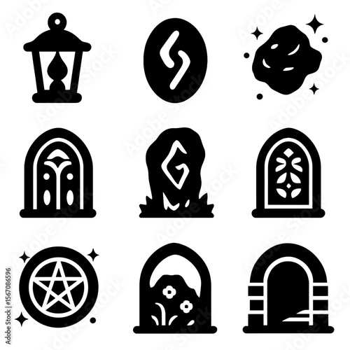 Enchanted City Icon Set. Solid, filled icons set of enchanted city details: lantern icon, magical rune,