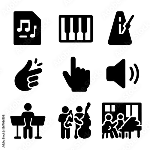 Jazz Rehearsal Icons. Solid, filled icon set of jazz rehearsal scenes: music chart, piano keys, metronome, finger snap, cue