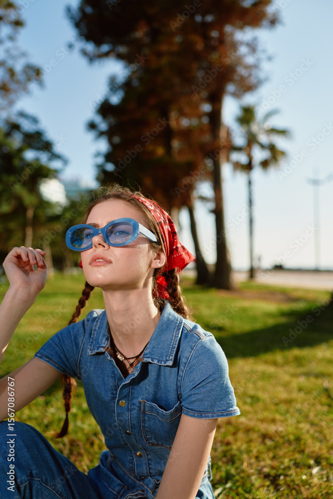 young woman wearing blue sunglasses and denim outfit sitting outdoors on sunny day with green grass and palm trees in background young woman wearing blue sunglasses and denim outfit sitting outdoors on sunny day with green grass and palm trees in background
